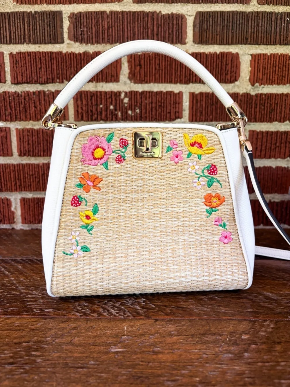 Kate Spade Embroidered Flower and Strawberry Beaded Wicker Purse